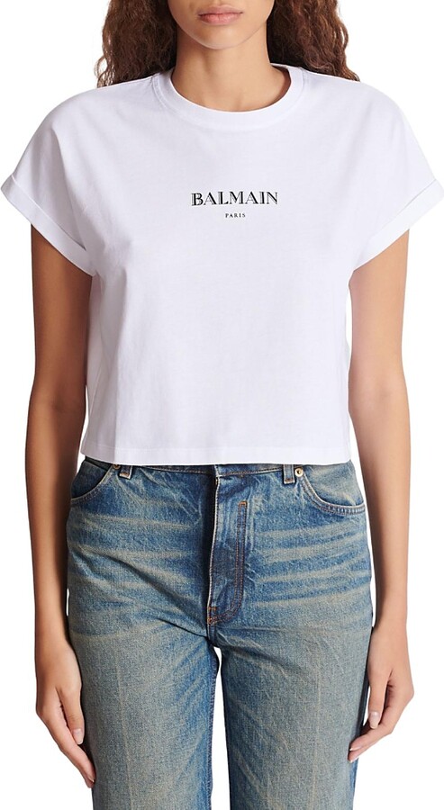 Balmain Cropped T-Shirt with Balmain Print