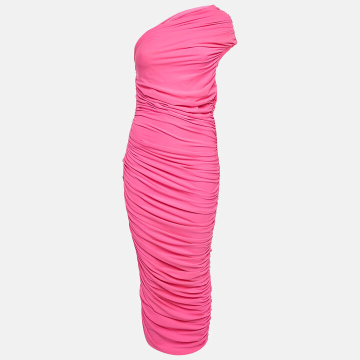 SOLACE London Pink Ruched Jersey One-Shoulder Amaya Midi Dress M