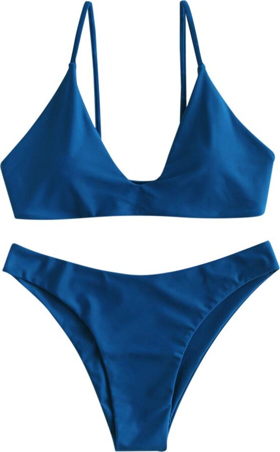 ZAFUL Women's Tie Back Padded High Cut Bralette Bikini Set Two Piece Swimsuit 