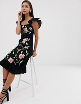 Thumbnail for your product : ASOS DESIGN square neck midi dress with floral embroidery