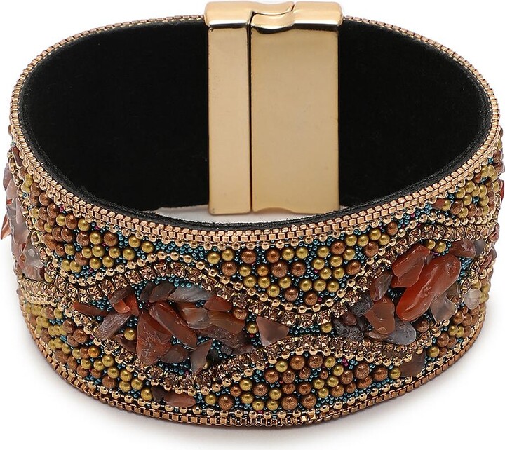 Sohi Women's Gold Embellished Leather Bracelet