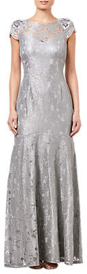Adrianna Papell Long Metallic Lace Dress, Silver Slate