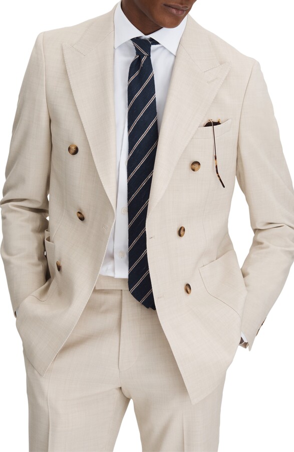 Reiss Belmont Double Breasted Tan Stretch Suit Jacket