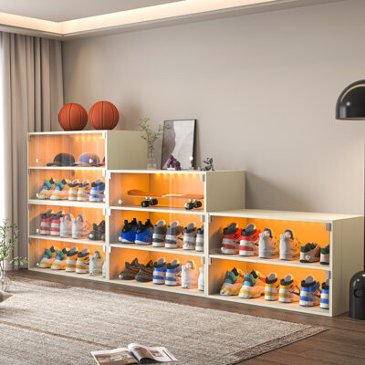 Shoe Storage Cabinet With Led - Wood, 6 Pair Holder, Stackable, Color Changing, 1-2 Drawers, American Design Sneaker Holder Lights Wooden, Capacity, I