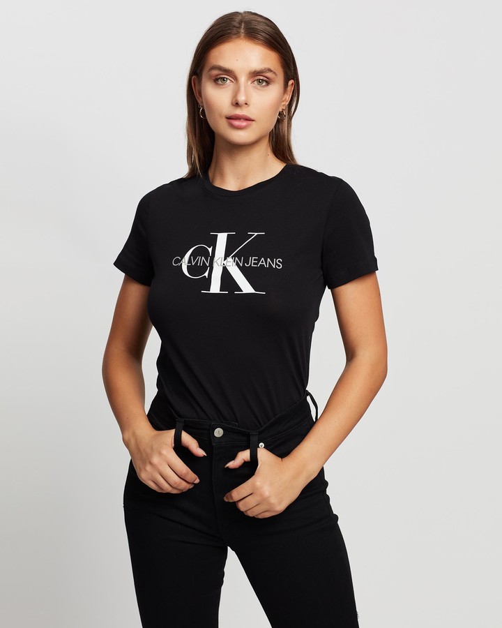 Calvin Klein Jeans Women's Black Printed T-Shirts - Core Monogram Logo T- Shirt - ShopStyle