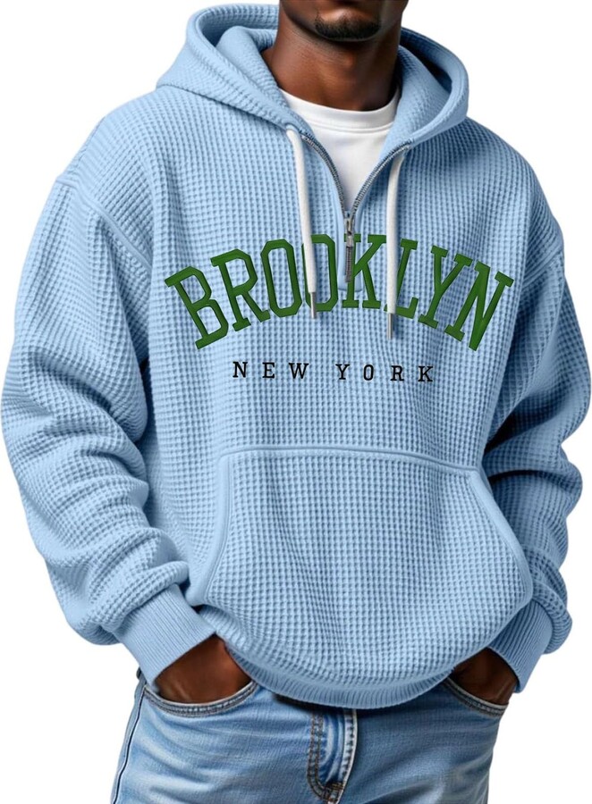 Generic CALIFORNIA Hoodies for Men Quarter Zip Casaul Letter Print Long Sleeve Drawstring Waffle Knit Hooded with Pocket 02 Blue Small