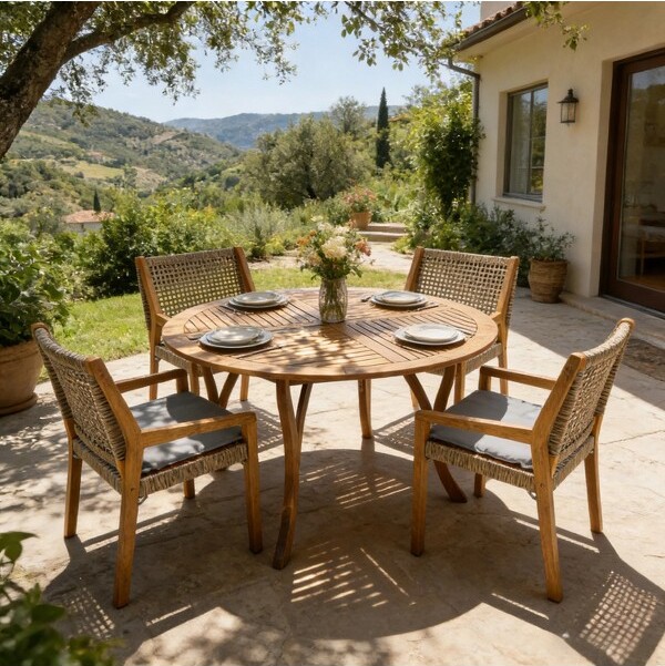 Christopher Knight Home ChristopherKnightHomeNeva5PieceOutdoorAcaciaWoodandWickerDiningSetwithWater-ResistantCushionsTeak/Gray