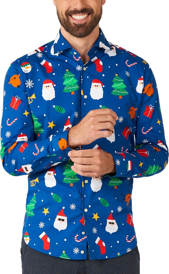OppoSuits Men's Festivity Blue Shirt - Perfect For Christmas - Xmas Parties - Including 1 Button-Up Shirt - Blue - Long sleeve - Open miscellaneous 96