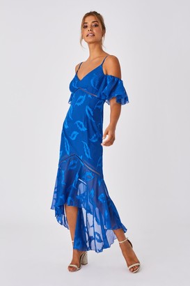 Little Mistress Lela Cerulean Blue Textured Leaf Cold-Shoulder Maxi Dress