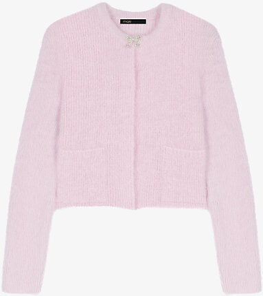 Maje Womens Blue Sky Bow-Embellished Ribbed Knitted Cardigan 12