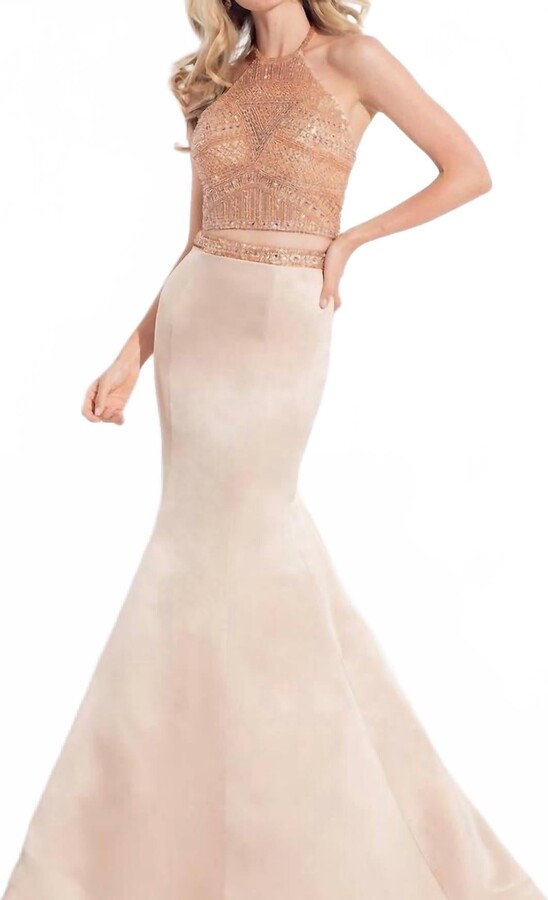 RACHEL ALLAN Matte Satin Two-Piece Mermaid Gown In Rose Gold
