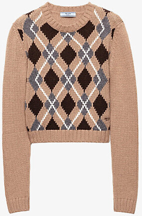 Prada Womens Brown Crewneck Jacquard-Knit Cashmere Jumper 10