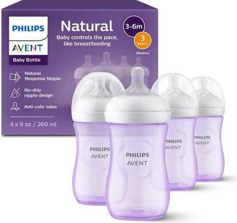 Avent Naturally Philips Natural Baby Bottle With Natural Response Nipple, Purple, 9oz 4pk, SCY903/34