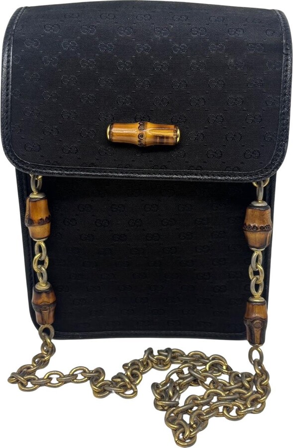 Gucci Vintage Black Small Gg Canvas Bamboo Detail Crossbody Bag