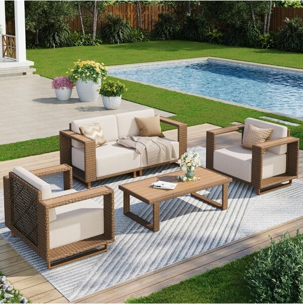 Captiva Designs CaptivaDesignsOutdoorPatioFurnitureSectionalWickerSofaConversationSetwith9.8InchThickCushionswithTable