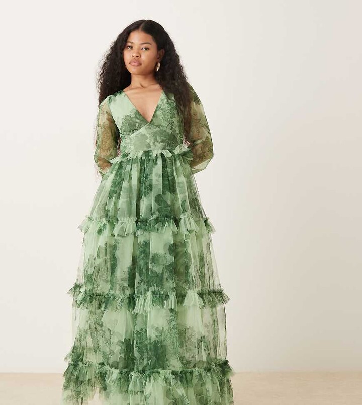 Lace & Beads Petite tulle plunge neck sheer sleeve tiered maxi dress in green floral