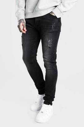 boohoo Mens Black Skinny Stretch Stacked Distressed Jeans, Black - ShopStyle
