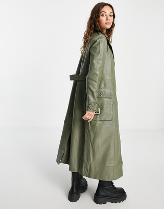 Object leather trench coat in green