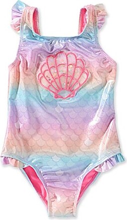 Breaking Waves Little Girls Foiled OmbreSequined-Shell-Applique One-Piece Swimsuit