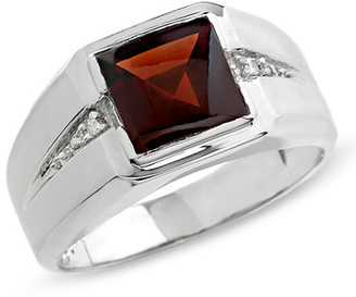 Zales Men's Square Garnet Ring in 10K White Gold with Diamond Accents