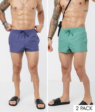 ASOS DESIGN 2 pack swim shorts in green and blue indigo super short length save