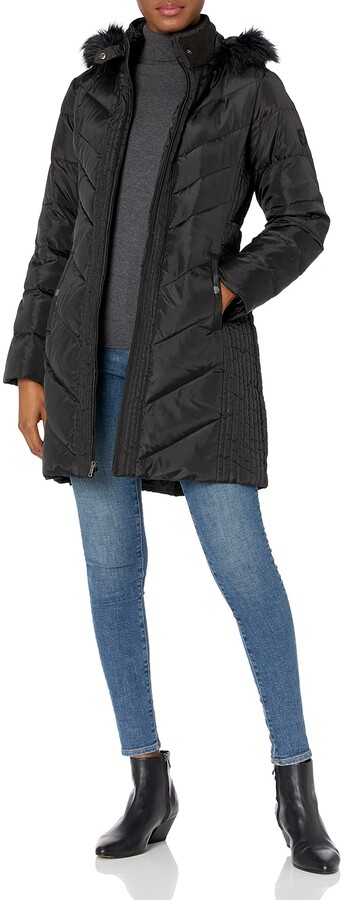 Larry Levine Women's Long Down Coat with Side Tabs and Hood - ShopStyle