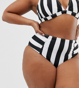 Wolf & Whistle Curve Exclusive Eco stripe high waist bikini bottom in black & white