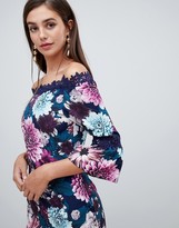 Thumbnail for your product : Paper Dolls Tall off shoulder floral printed pencil dress with lace trim in multi