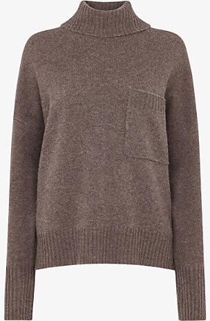 Whistles Womens Brown Roll-Neck Patch-Pocket Wool Jumper Xs