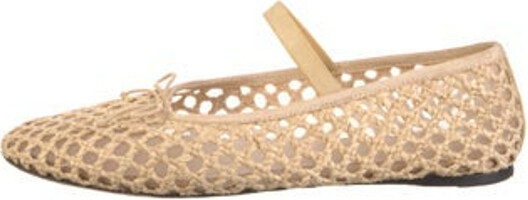 Loeffler Randall Raffia Mary Jane Flats Neutrals Semi-Pointed Toes with Bow Accents Buckle Closure At Uppers