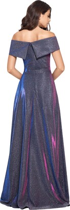 Xscape Evenings Off-the-Shoulder Long Glitter Dress (Black/Silver/Fuchsia) Women's Clothing