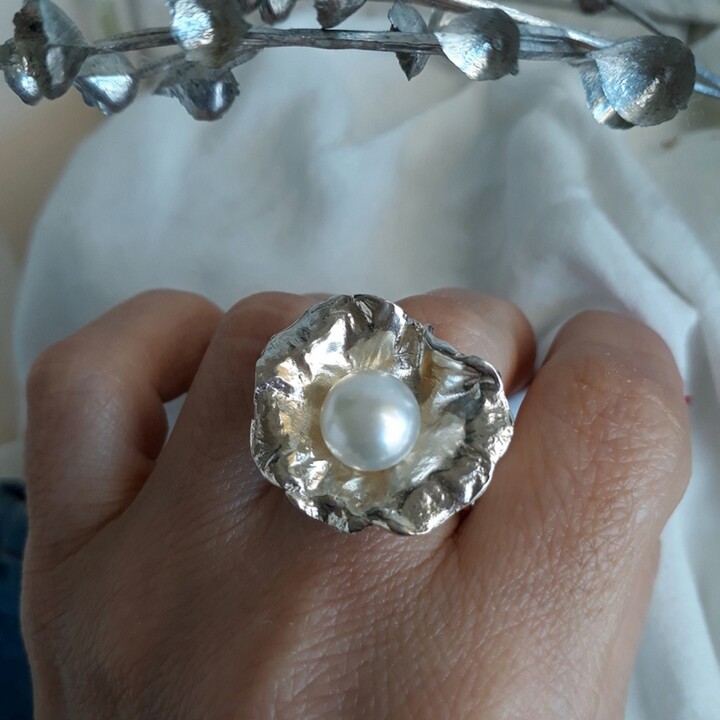 Etsy Large Pearl Sterling Silver Ring Handmade Petal Design