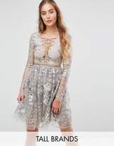 Thumbnail for your product : True Decadence Tall All Over Embroidered Mini Skater Dress With Lace Up Plunge Front