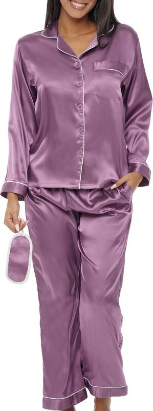 ADR Women's Classic Satin Pajamas Set with Pockets, Short Sleeve PJs Deep  Purple X Large
