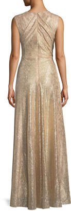 Surplice-Neck Sleeveless A-Line Laminated Plisse Evening Gown