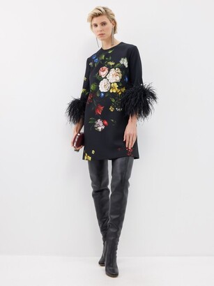 Elie Saab Feather-trim Floral-print Crepe Mini Dress