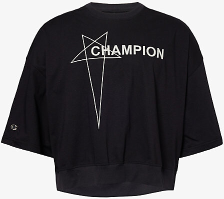 Rick Owens Mens Black x Champion Tommy Cropped Cotton-Jersey T-Shirt L