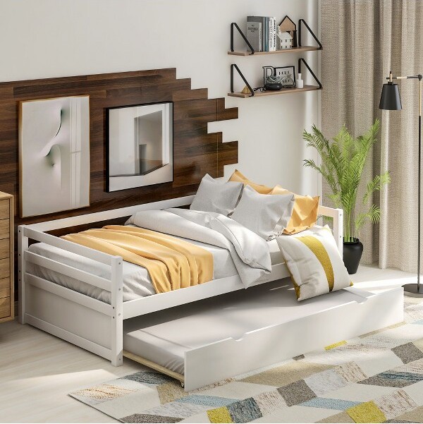 ModernLuxe TwinSizeWoodenPlatformDaybedwithTrundleWhite