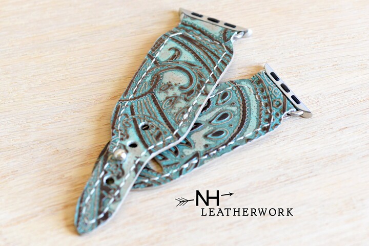 Leather Watch Band Turquoise & Chocolate Paisley Floral Embossed For Apple 38mm 40mm 41mm 42mm 44mm 45mm 46mm 49mm Samsung Galaxy Ultra 47