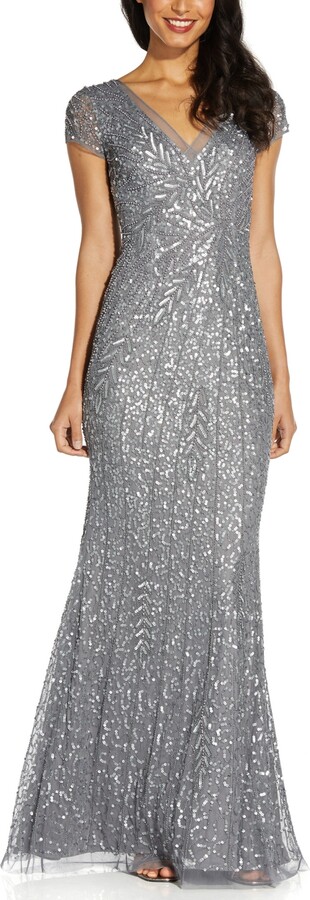 NWT ADRIANNA PAPELL Sterling Silver Cap Sleeve Embellished Gown Size:  4P #D74 