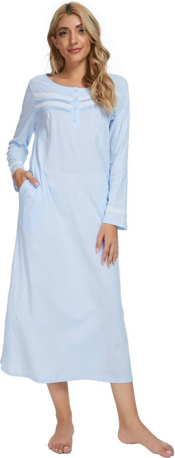 Mnemo Women's Nightgown Long Sleeves Top Nightshirt for Ladies and Button Down Nightdress