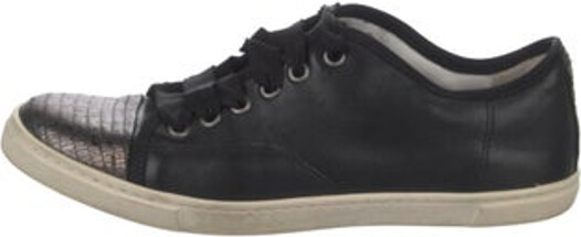 Lanvin Leather Low Top Sneakers Black, Metallic & Silver Round-Toes with Grosgrain Trim Lace-Up Closure at Uppers Unfortunately, due to restrictions, this item may not be eligible for shipping in all areas. | Lanvin Leather Grosgrain Trim Sneakers in Black/Metallic/Silver, Women's 10
