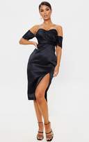 Thumbnail for your product : PrettyLittleThing Black Pleated Bodice Satin Bardot Midi Dress