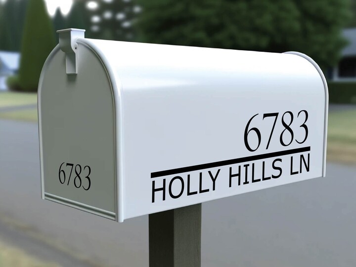 Mailbox Address Decal Set, Custom House Numbers + Street Name, Weatherproof Vinyl, Door Option
