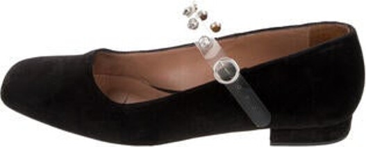 ALEXACHUNG Velvet Mary Jane Flats Black Square-Toes with Crystal Embellishments Mary Jane Strap & Buckle Closure at Ankles