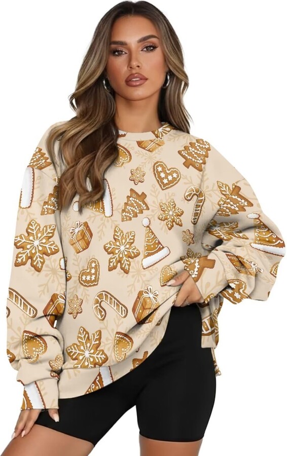 Fiqyvagox Vintage Cow Print Brown Beige Womens Crewneck Sweatshirt Casual Loose Fit Tops Long Sleeve T Shirt with Pockets Comfortable Fashion Oversized Fall Winter Clothes