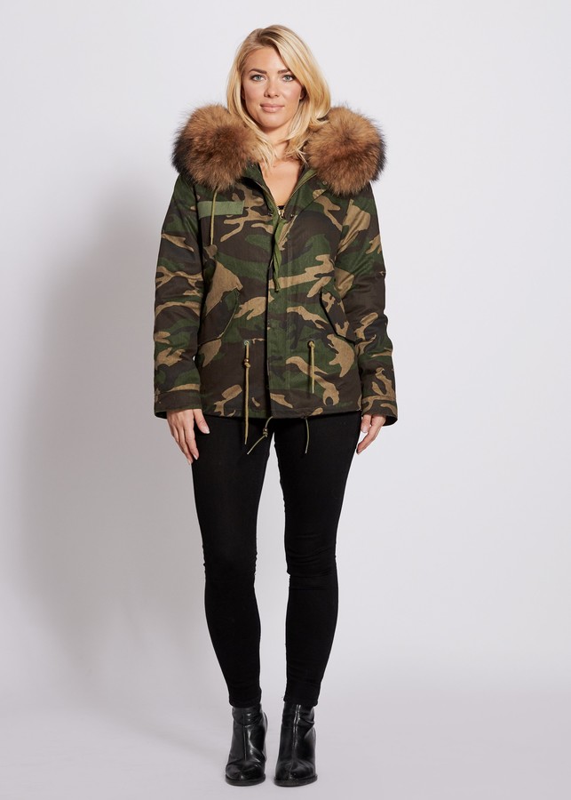Popski London Camouflage Parka Jacket With Raccoon Fur Collar Natural ...