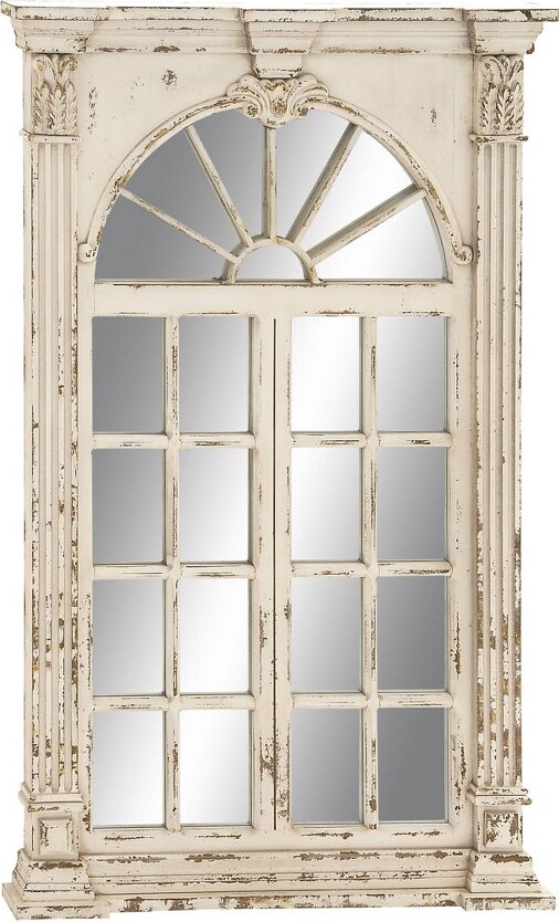 Wood Window Panes Inspired Wall Mirror with Arched Top and Distressing