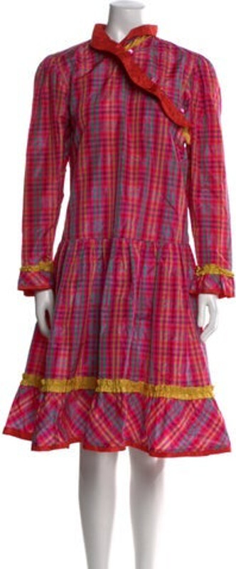 Kenzo Silk Tent Dress Vintage From the Fall/Winter 1982 Collection Pink & Yellow Plaid Print Ruffle Embellishment Long Sleeve with Mock Neck Button Closure at Front