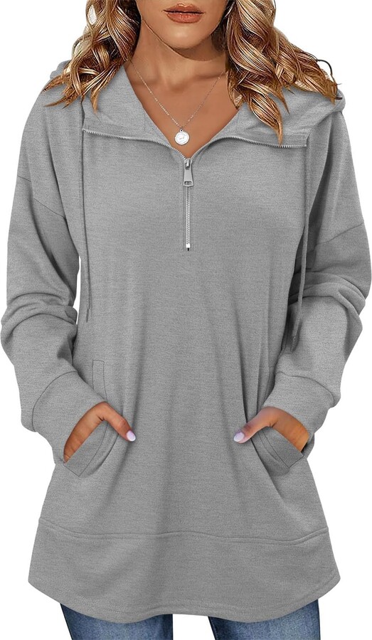 Generic Women Oversized Pullover Sweaters Quarter Zip Long Sleeve Hooded Sweatshirt Cozy Fall Knit Solid Color Sweater Tops Gray S
